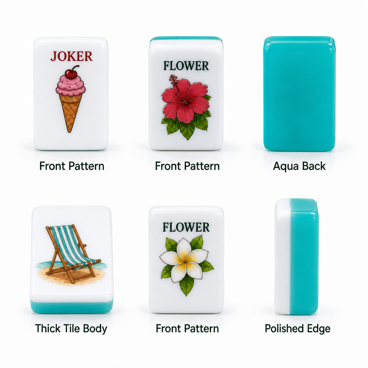 Aqua crystal-look mahjong tiles with illustrated faces