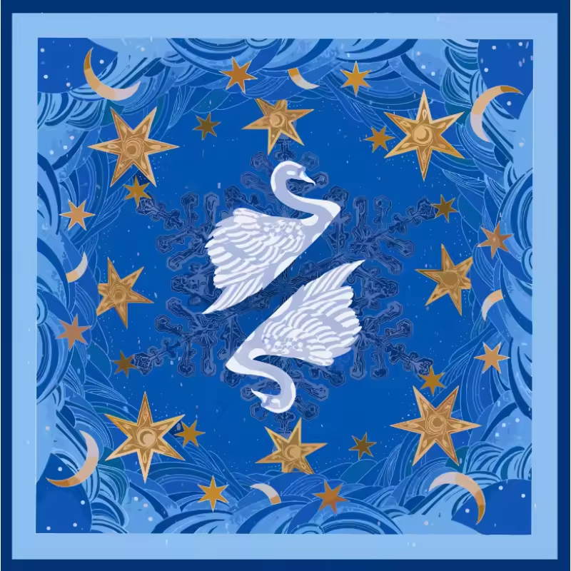 Blue Festival of Lights mahjong mat with swans and gold stars