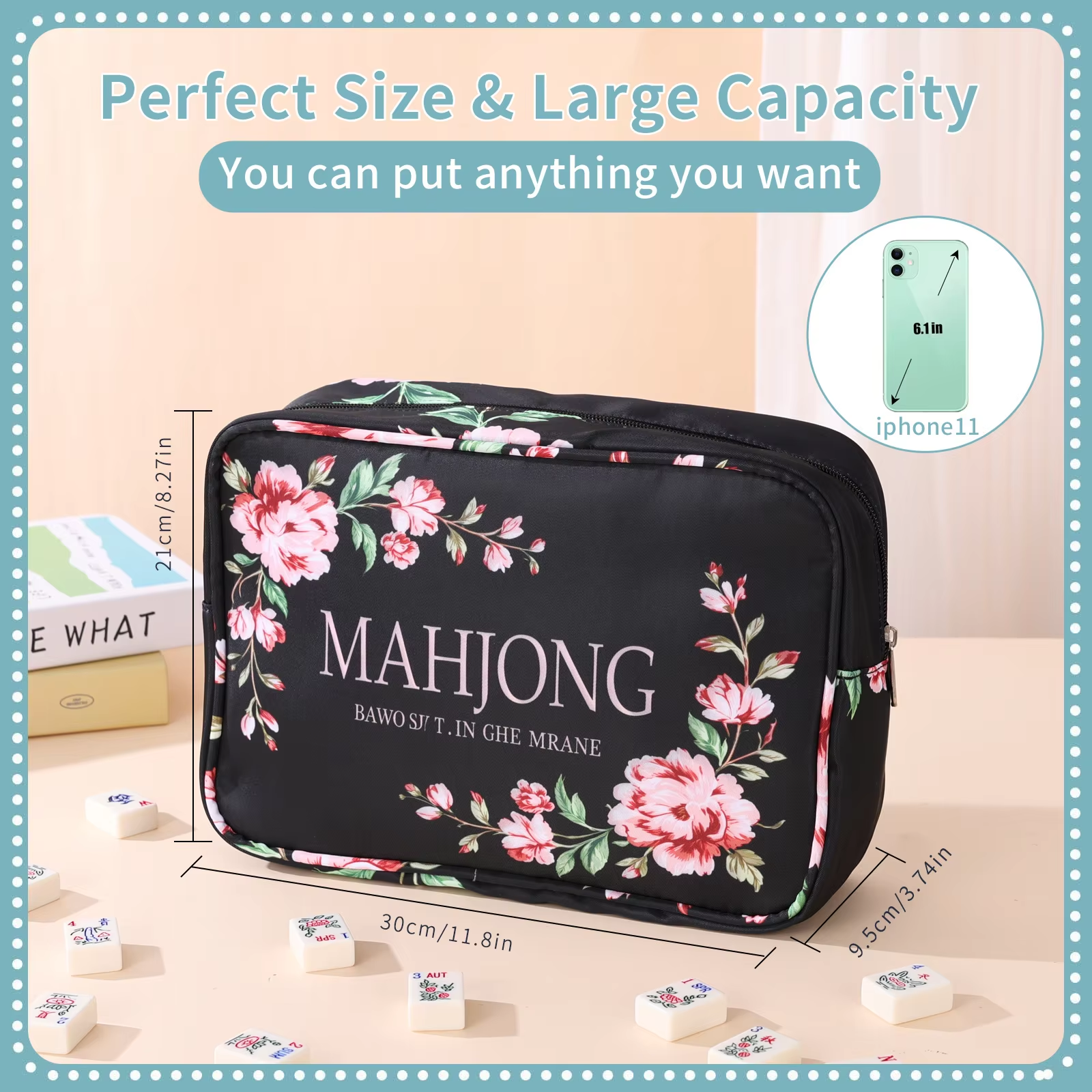Black floral mahjong carry bag